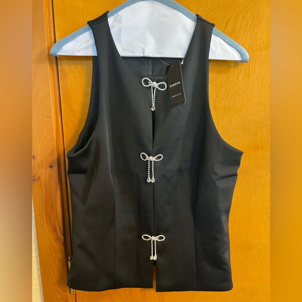 Sexy Black Bebe Sleeveless cocktail party Top Rhinestone Bow Keyhole Cutout $109